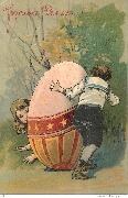 Joyeuses Paques (un garcon cherche une fillette cachée derrière un gros oeuf de Pâques)
