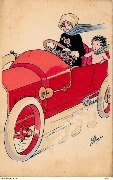 (Jeune femme conduisant une automobile rouge, avec un enfant passager)