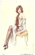 Dans le demi-monde. Femme aux longs cheveux défaits assise sur un tabouret