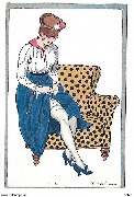 Les P'tites femmes. Femme assise en robe bleue rajustant son bas