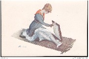 Blondes et rousses. Femme assise sur un tapis regardant des estampes dans une farde