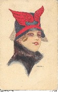 Femme au chapeau à voilette orné de 2 ailes rouges
