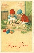 Joyeuses Pâques Deux enfant donnant à boire à des poussins, des oeufs en avant plan