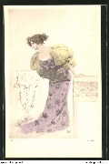 Femme debout se penchant sur un grand vase