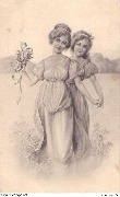 (2 jeunes filles, l'une tenant un bouquet de roses)