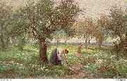 (2 femmes ramassant des pommes dans la campagne)