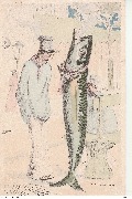 Homme devant un poisson debout