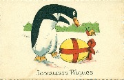 Pingouin contemplant un oeuf de Pâques