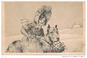 (Fillette et son chien dans la neige, le chien porte un panier plein de guis)