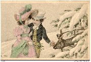 (Garçon et fillette dans la neige, devant un chevreuil)