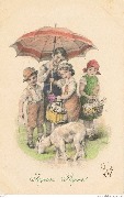 Joyeuses Pâques ! (4 enfants sous un parapluie avec paniers d'œufs et agneaux)
