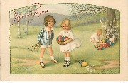 Joyeuses Pâques (3 enfants, l'une tient un panier d'œufs colorés)