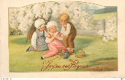 Joyeuses Pâques (3 enfants devant un panier d'œufs colorés, l'une tient un poussin)