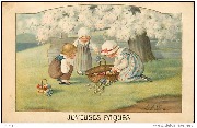 Joyeuses Pâques (3 enfants rangeant des oeufs dans un panier)