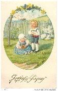 Joyeuses Pâques (Garçon tenant un agneau et fillette assise avec un panier d'oeufs)