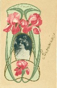 Portrait de femme incrusté dans cadre art nouveau au glaïeuls