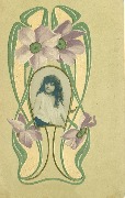 Portrait de fillette incrusté dans cadre art nouveau aux fleurs 