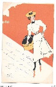 Femme au canotier avec panier soulevant légèrement la robe