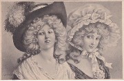 Deux femmes élégantes avec grand chapeau dont un à plume a gauche