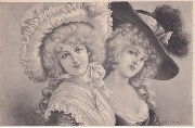 Deux femmes élégantes avec grand chapeau à plume noire à droite