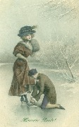 Patineur laçant le patin d'une patineuse