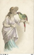 (Jeune femme en tete à tete avec un perroquet)