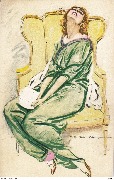 Femme en vert dans un fauteuil jaune