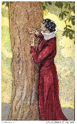 Femme en rouge gravant un coeur sur un tronc