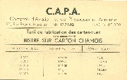 Carte publicitaire C.A.P.A. Comptoir d'aviation et de photographie aérienne. Tarif des cartes postales bistre sur carton chamo