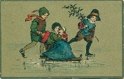 Enfants patinant sur la glace avec traineau et houx