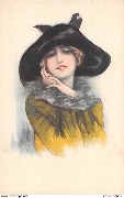 (femme au chapeau noir et robe jaune)