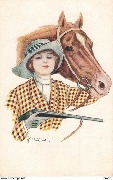 (jeune femme tenant un cheval, un fusil sous le bras)