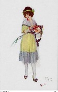 Femmes et Fruits. Femme debout portant un panier plein de cerises