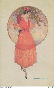 (Femme en rouge devant un décor dans un cercle)