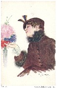 (Jeune femme au manteau marron devant un vase de fleurs)