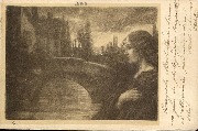 Bruges. Soir (buste de femme en avant plan, pont en arrière plan)