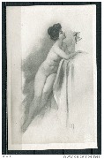Dame nue assise observant une rose tenue en main