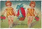 Joyeuses Pâques (2 fillettes portant un panier rempli d'un gros oeuf)