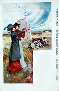 Deux dames avec ombrelles dans la campagen avec vache