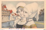(Au XVème siècle,2 jeunes filles de profil devant des maisons au bord dun bras d'eau)