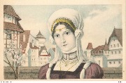 (Au XVème siècle, jeune fille de face devant une ville)
