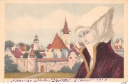 (Au XVème siècle, jeune fille devant une église)