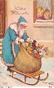 Fröhliche Weihnachten (père Noël avec son sac de jouets sur une luge)