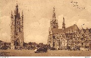 Ypres. Grand'Place le Beffroi et la Cathédrale St Martin. Yper. Grooteplaats, het Belfort en St Maertens Hoofdkerk 
