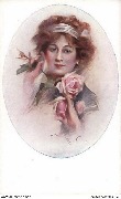 (dans un ovale, femme de face tenant une rose)