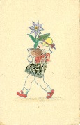 Fillette portant un pot avec une grande fleur