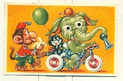 Elephant et chat sur un tricyle. Singe en patins à roulette et banane. Yeux mobiles
