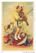 (fillette jouant du violon avec chats spectateurs)