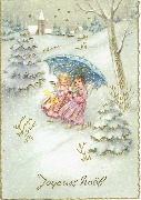 Joyeux Noël(deux fillettes sous un parapluie,neige)