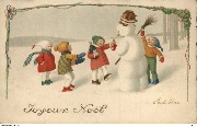 Joyeux Noël (4 enfants autour d'un bonhomme de neige)